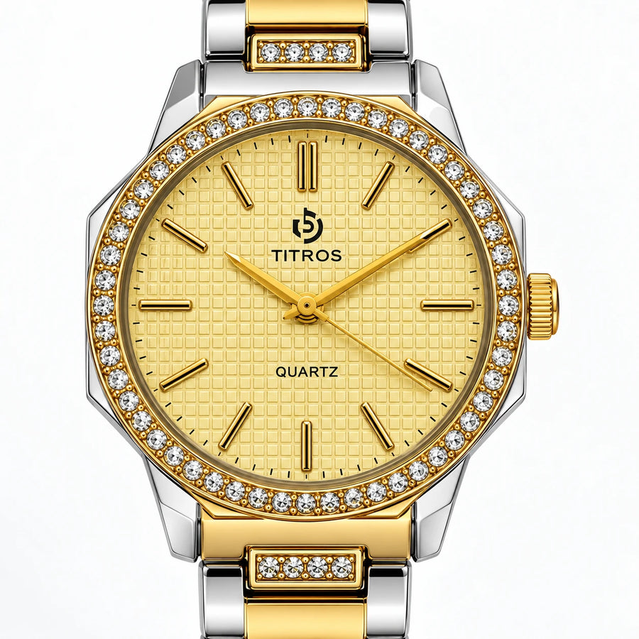 Talia Champagne Watch shown in close detail