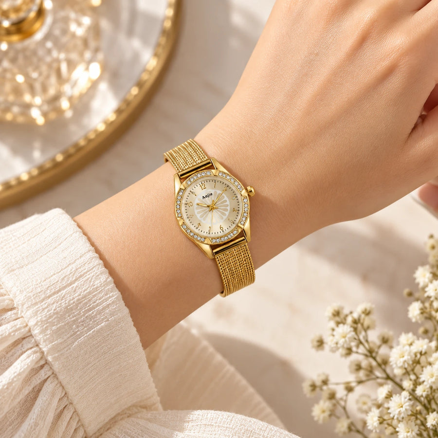 Esme Gold Mesh Watch shown in close detail
