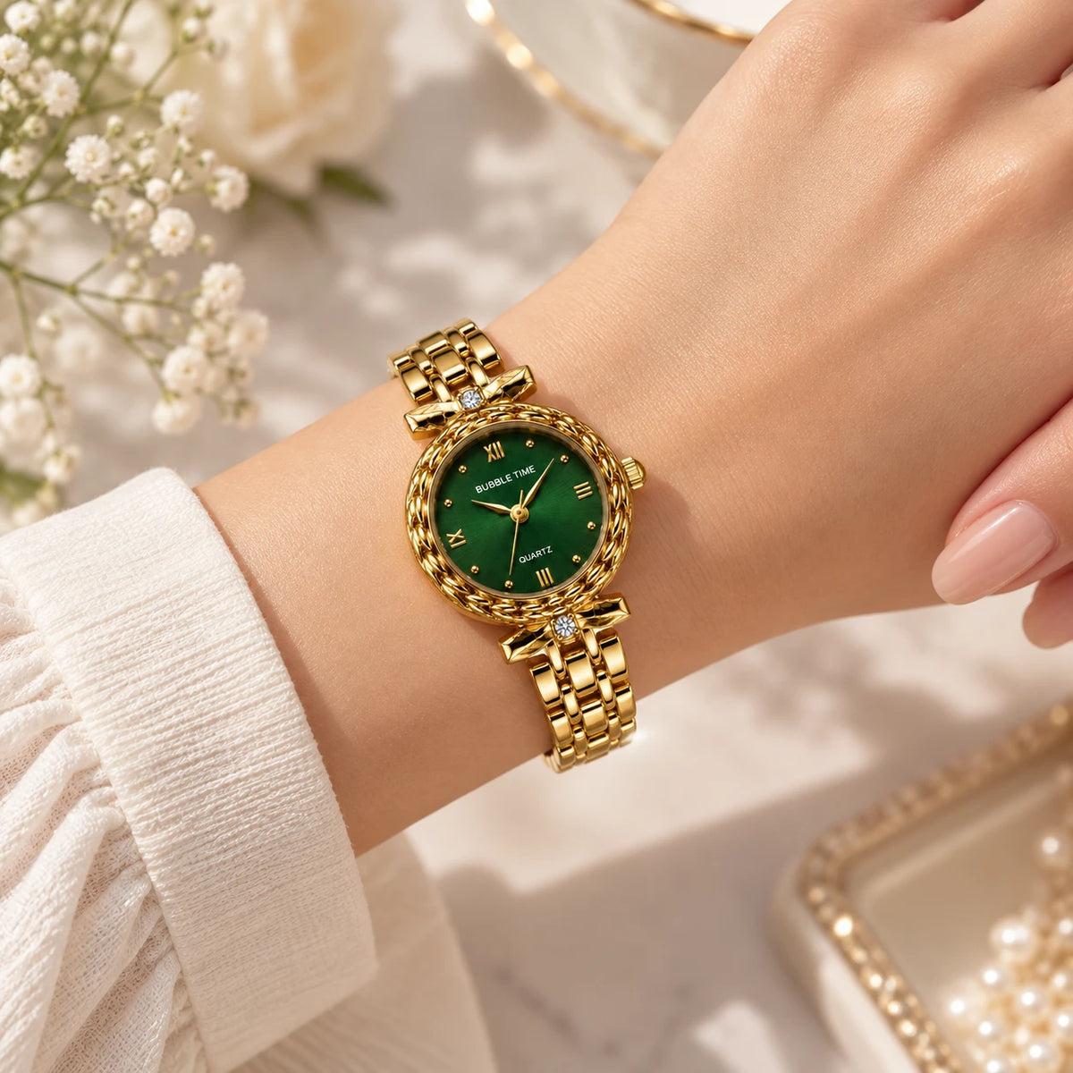 Sabine Emerald Watch worn on the wrist