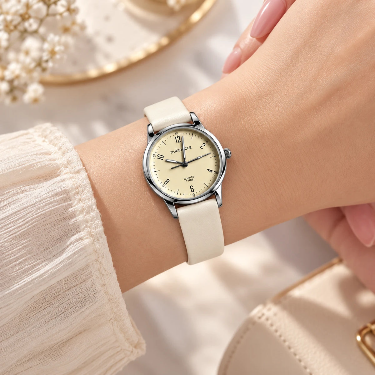 Elara Ivory Watch worn on the wrist