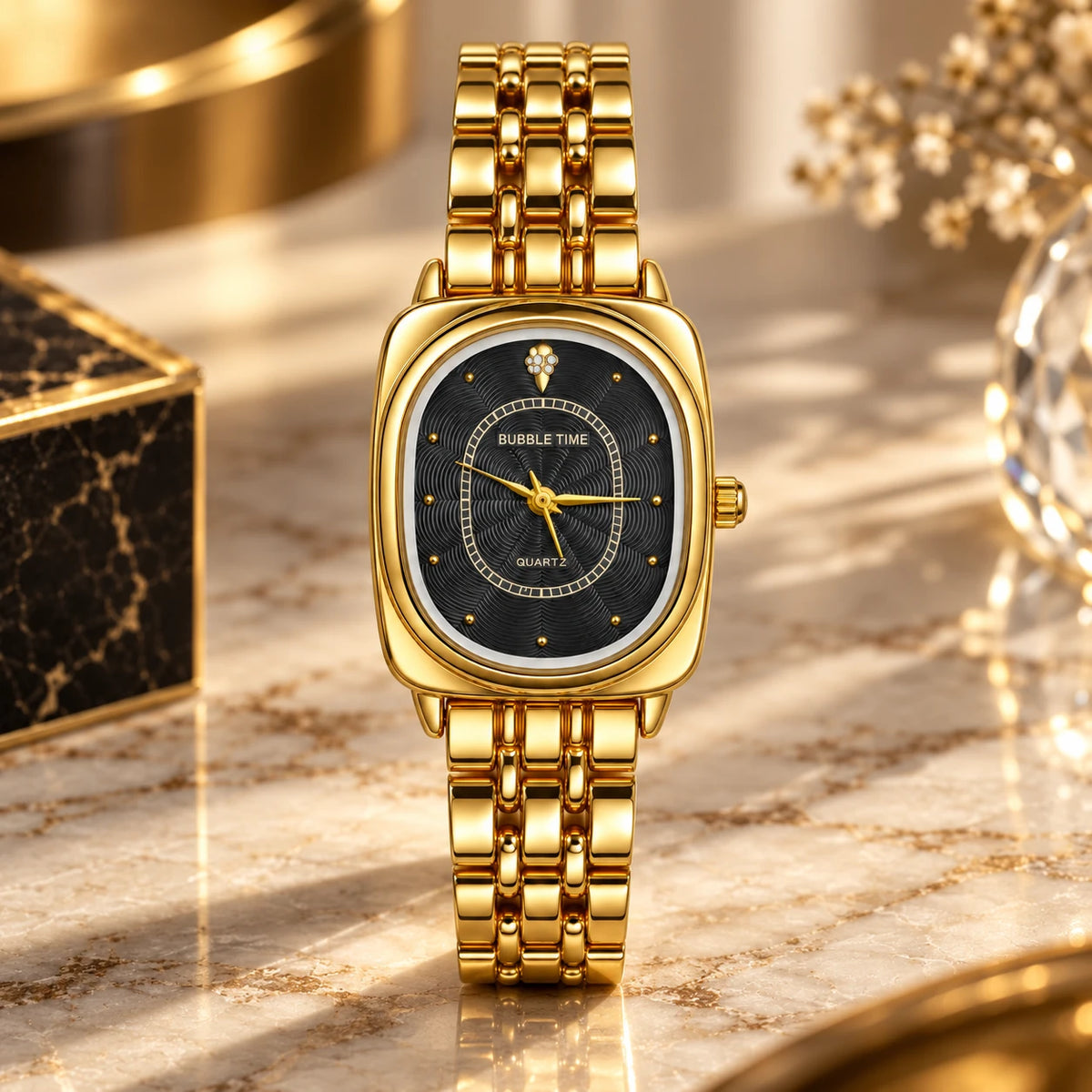 Leila Noir Gold Watch worn on the wrist